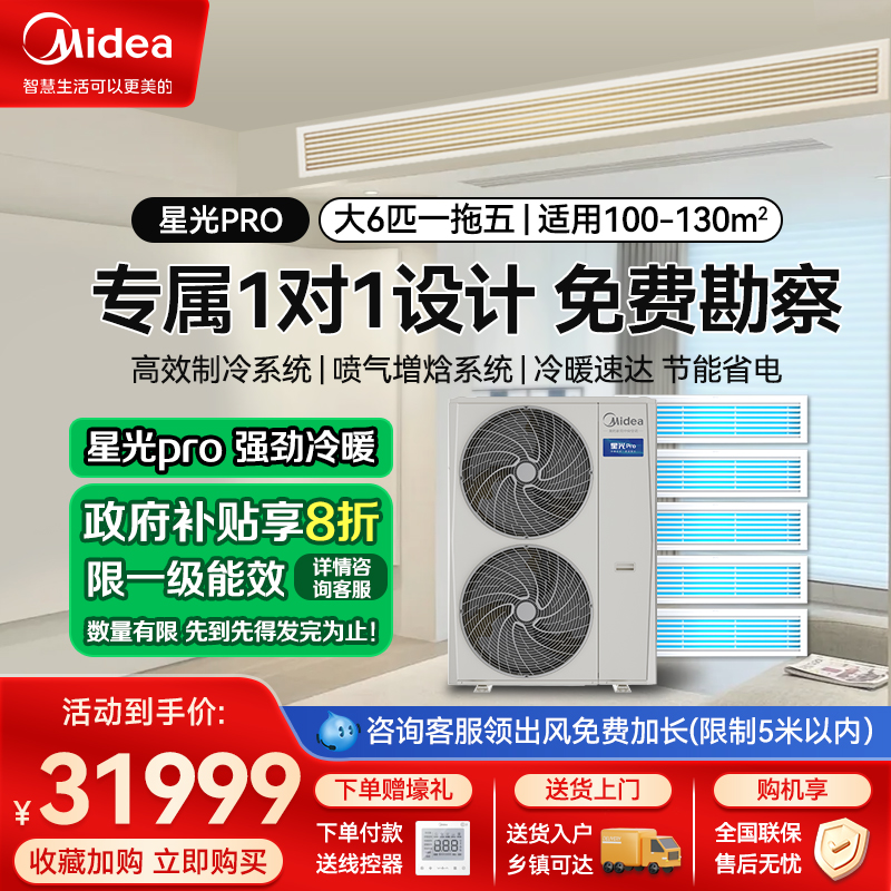 美的家用中央空调变频多联机星光pro不带水泵6.5匹一拖五智能家电空调MDS-160W-E01-XGpro(GNX)
