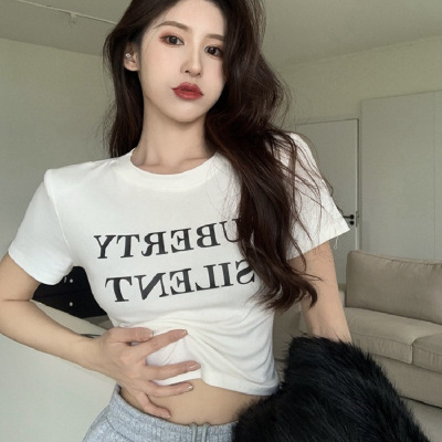 短款露脐紧身短袖T恤女夏装设计感复古辣妹上衣服韩国女装ins