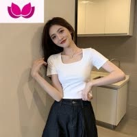 七斓2023年夏季新款辣妹方领短款上衣设计感小众高级感正肩短袖t恤女