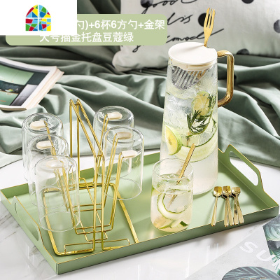 封后凉水壶玻璃可高温大容量 冷水壶套装北欧创意 家用水杯凉白开水壶 金把水壶(送吧勺)+6杯6方勺+金架+大号描金托盘祖