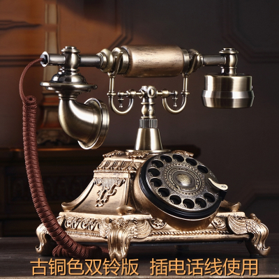 旋转盘仿古欧式老式电话机法耐复古家用时尚创意摆件有线电话机座机古铜色转盘拨号版[机械双铃声+回拨+布绳-