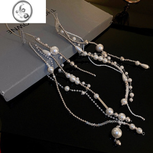 JiMi时尚ins水晶珍珠圆珠链条长款流苏发箍外出头饰潮流新娘跟妆发饰 模特同款发饰