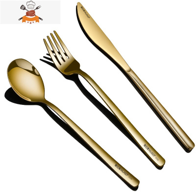 西餐牛排刀叉盘子套装家用韩式餐刀304不锈钢叉子勺子餐具三件套 敬平 金色韩式刀叉勺三件套()