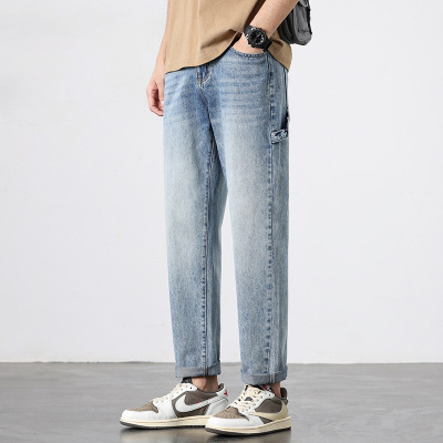 磨白做旧牛仔直筒裤男士宽松版型侧边小袋点缀美式复古潮流长裤
