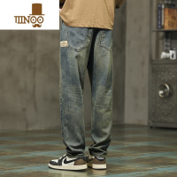 YANXU牛仔裤男款宽松直筒美式复古水洗做旧黄泥染潮牌阔腿长裤子