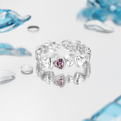 ins冷淡风紫钻爱心s925纯银戒指女小众设计轻奢高级感中性款戒指送女朋友老婆情人节七夕生日礼物