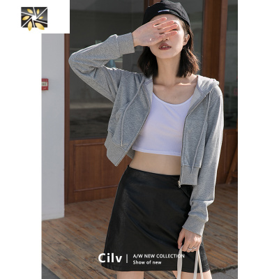 暖青汇灰色连帽短款小个子外套女韩版宽松秋冬bf风拉链卫衣潮2020年新款卫衣