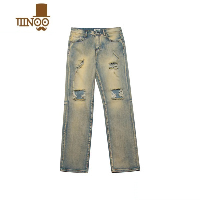 YANXU黄泥水洗做旧膝盖破洞牛仔裤男女高街美式vibe风直筒修身百搭长裤