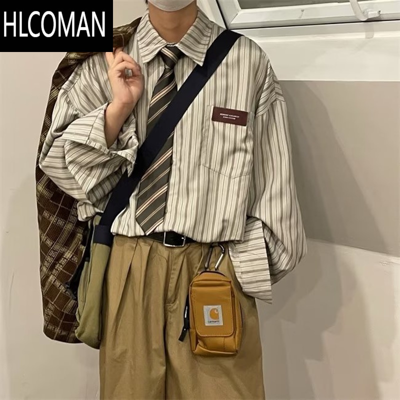 HLCOMAN夏季日系复古cityboy长袖条纹衬衫男女休闲内搭痞帅短袖上衣外套