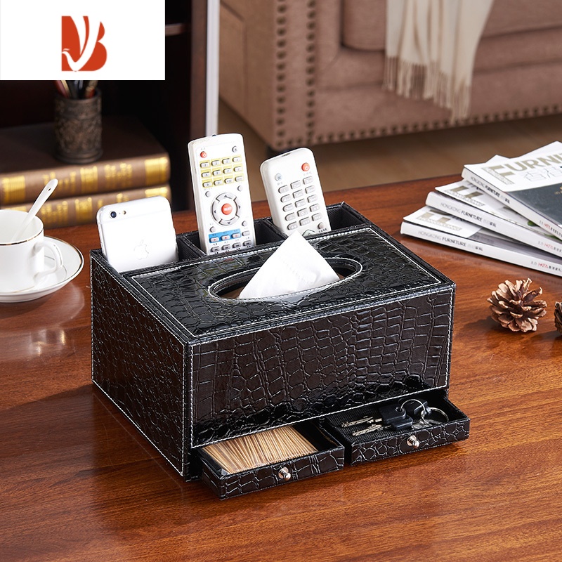三维工匠皮革多纸巾盒抽纸盒 创意客厅遥控器收纳盒餐巾盒家用欧式 黑色鳄鱼纹双抽多功能