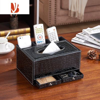 三维工匠皮革多纸巾盒抽纸盒 创意客厅遥控器收纳盒餐巾盒家用欧式 黑色鳄鱼纹双抽多功能