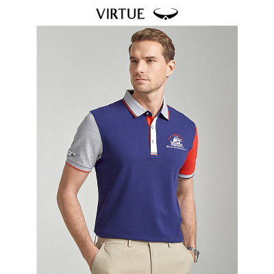 富绅欧美简约polo衫男2019夏新款男士纯棉宽松翻领蓝色短袖t恤男
