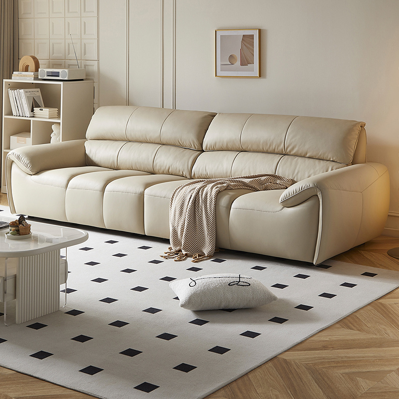 全友家居奶油风真皮直排沙发客厅家用头层牛皮钢琴键一字沙发