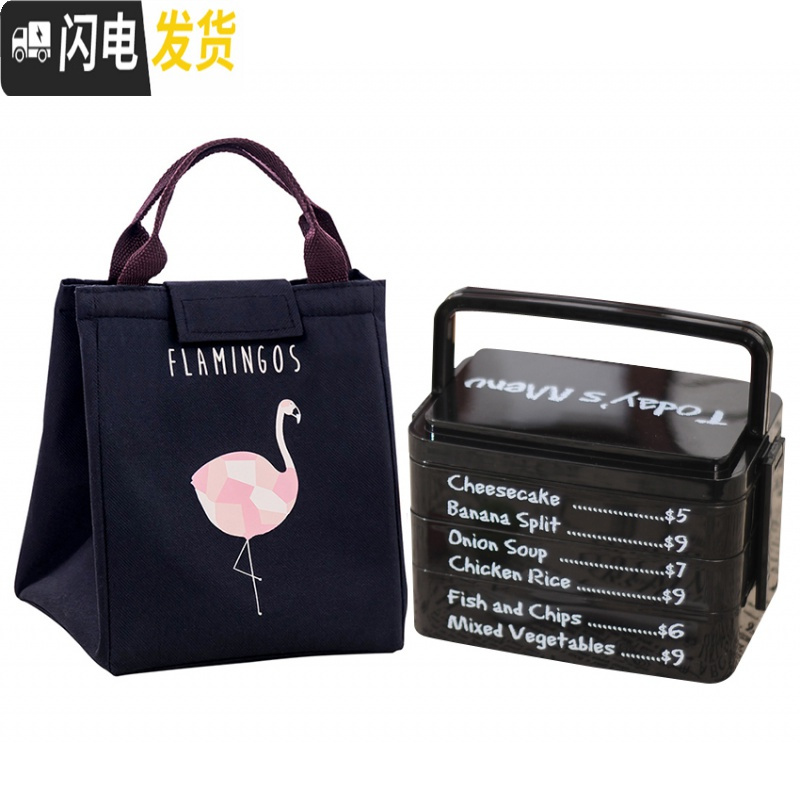 三维工匠创意便当盒微波炉日式多层手提饭盒可爱学生大号双层塑料分格餐盒 加大号黑色饭盒+黑色便当包