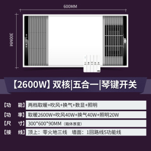 雷士照明浴霸多功能卫生间集成吊顶双核风暖排气扇照明一体排气扇 A款【2600W】双核/五合一/琴键开关/两档取暖 300*600