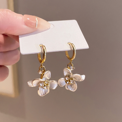 超仙白色闪钻花朵流苏耳环轻奢高级感优雅耳坠长款百搭耳钉耳饰女送女朋友老婆情人节七夕生日礼物
