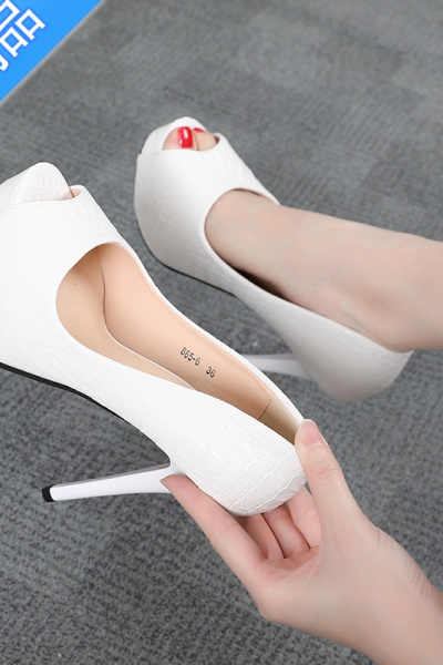 SUNTEK2022新款超高跟鞋12cm夜场防水台性感细跟礼服白色小码鱼嘴单鞋女