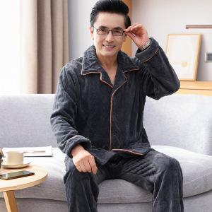 珊瑚绒睡衣男款秋冬季加绒加厚中老年人爸爸法兰绒男士家居服套装