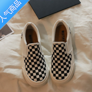 SUNTEK棋盘格厚底一脚蹬帆布鞋女夏季新款板鞋子潮ins百搭透气懒人女鞋