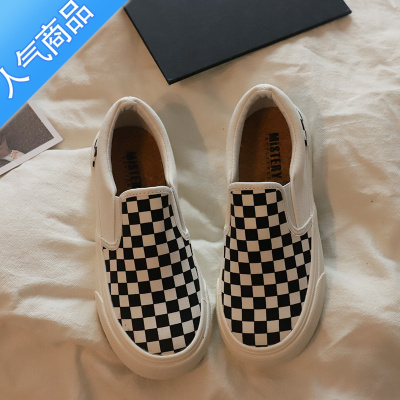 SUNTEK棋盘格厚底一脚蹬帆布鞋女夏季新款板鞋子潮ins百搭透气懒人女鞋