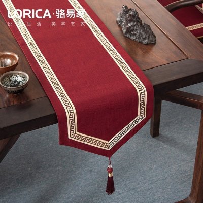 美式桌旗新中式禅意茶旗布现代简约茶几餐桌北欧电视柜布床旗定制 福延年-红色(尖角款) 33*420cm