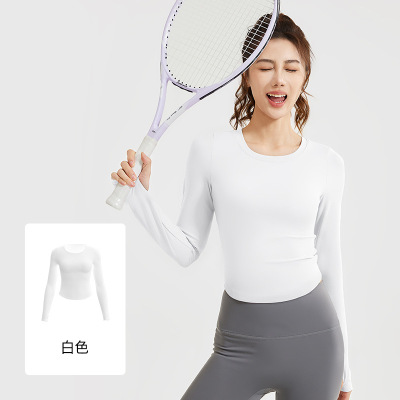 新款运动长袖裸感紧身显瘦跑步运动T恤免穿文胸瑜伽服女