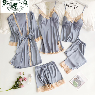 HLCOMAN睡衣五件套女春夏性感冰丝韩版吊带睡裙睡袍套装带胸垫丝绸家居服睡裙