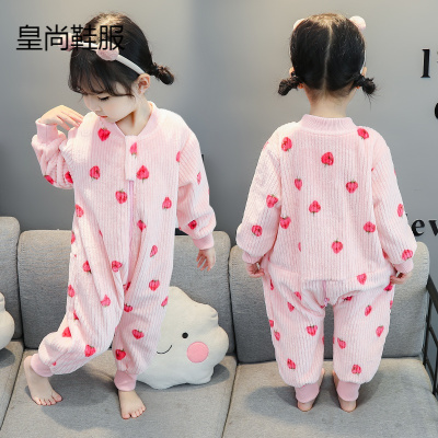 新品直营-秋冬季儿童连体睡衣女童加绒加厚珊瑚绒爬服小童法兰绒宝宝哈衣睡袋