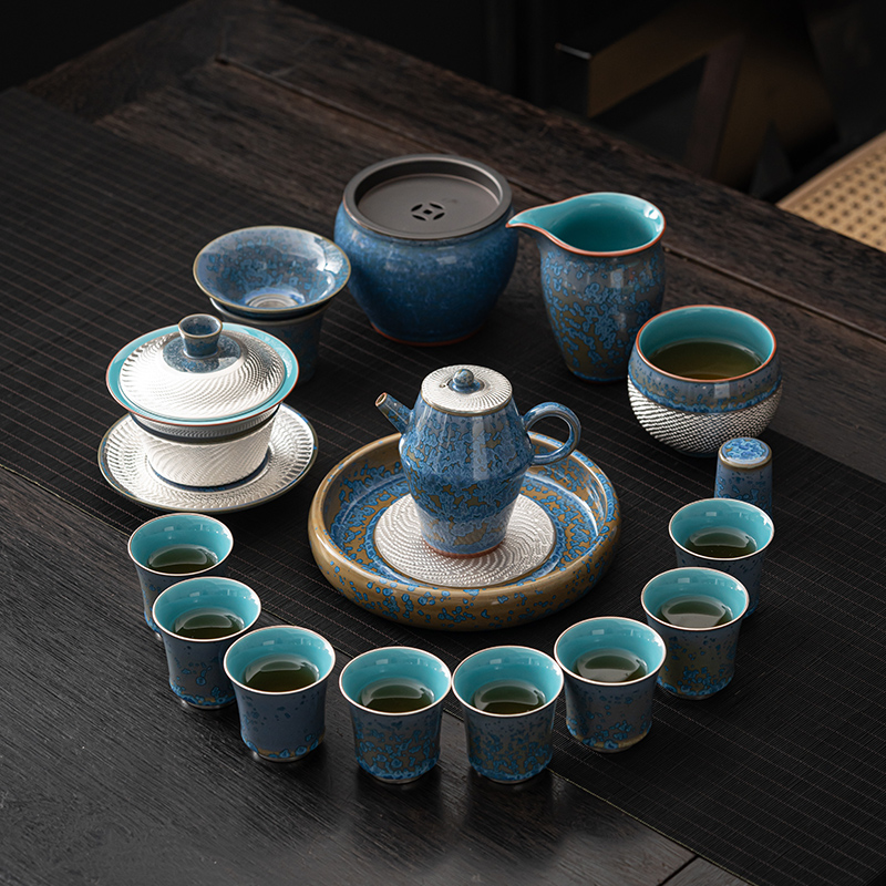 苏氏陶瓷(SUSHI CERAMICS)国礼蓝黛鎏银美人壶盖碗大套装功夫茶具非遗大师郑文强作品