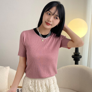 拼色圆领短袖精纺羊毛针织衫女夏季韩系小众设计感短款上衣薄