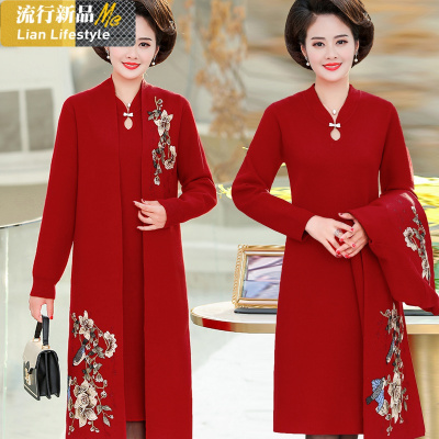 恋名媛婚礼服妈妈秋冬外套本命年红加厚毛衣中老年大码旗袍连衣裙两件套大码女装