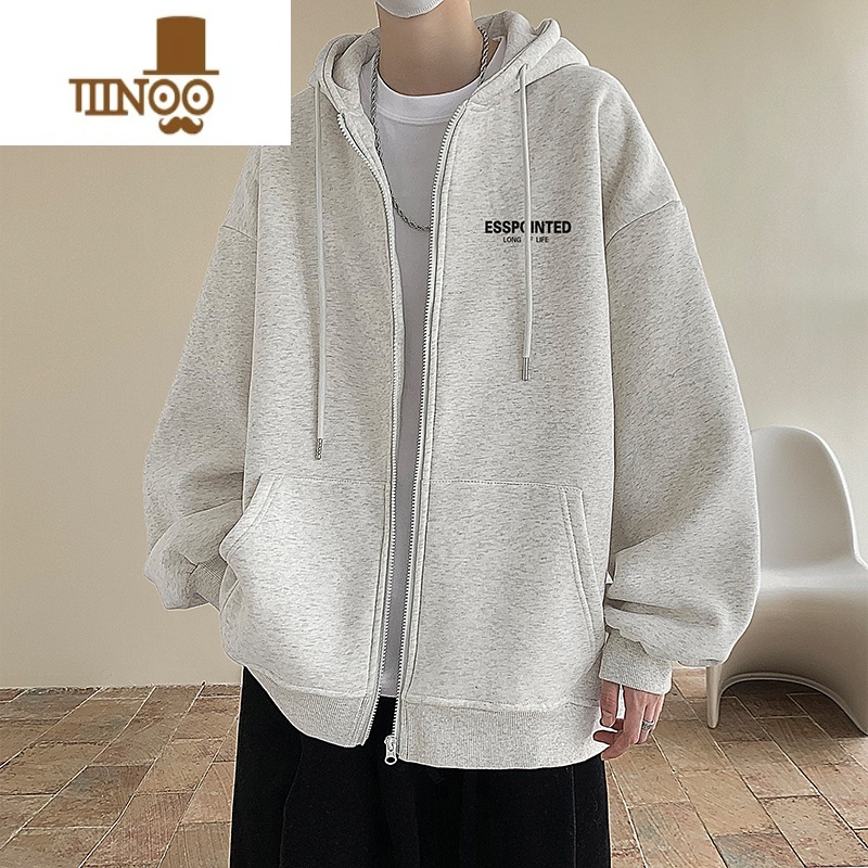 YANXU美式复古灰色开衫卫衣男士款连帽拉链外套潮牌痞帅感