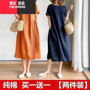 YIBUSHENG2024季韩版连衣裙女简约文艺棉麻宽松显瘦大码中长款裙子女