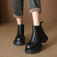 头层牛皮马丁靴女秋冬季新款百搭厚底软皮粗跟侧拉链休闲短靴
