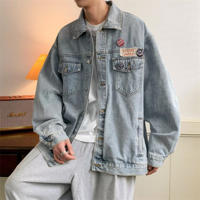男装新款港风简约时尚美式高街潮牌百搭翻领长袖牛仔夹克痞帅外套