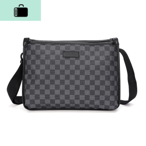 新款男士单肩包韩版时尚皮质潮流户外斜跨包潮牌格子轻商务公文包NEW LAKE 黑色男士手提包 黑色