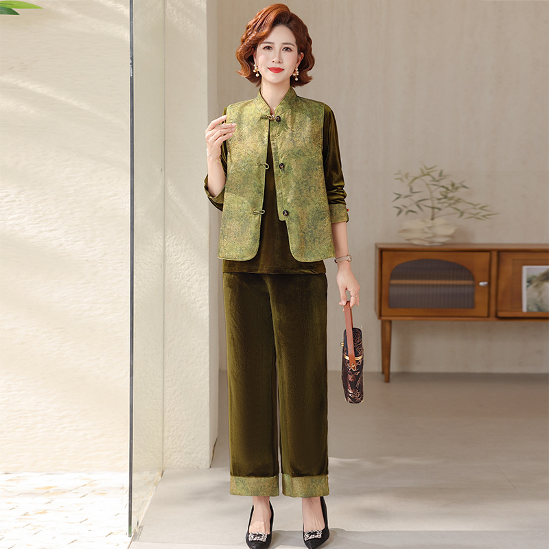 金丝绒洋气妈妈装三件套中老年女装气质婆婆装国风中年春装金丝绒