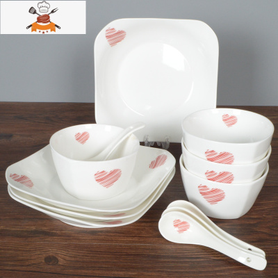 碗碟套装家用陶瓷餐具碗盘碗筷盘子碗韩式简约创意菜盘子吃米饭碗 敬平 四方红心(12件套)