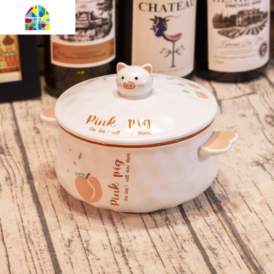 日系泡面碗带盖陶瓷无叉子勺子套装学生可微波炉加热宿舍易洗ins FENGHOU 可爱猪立体面碗~右边桃