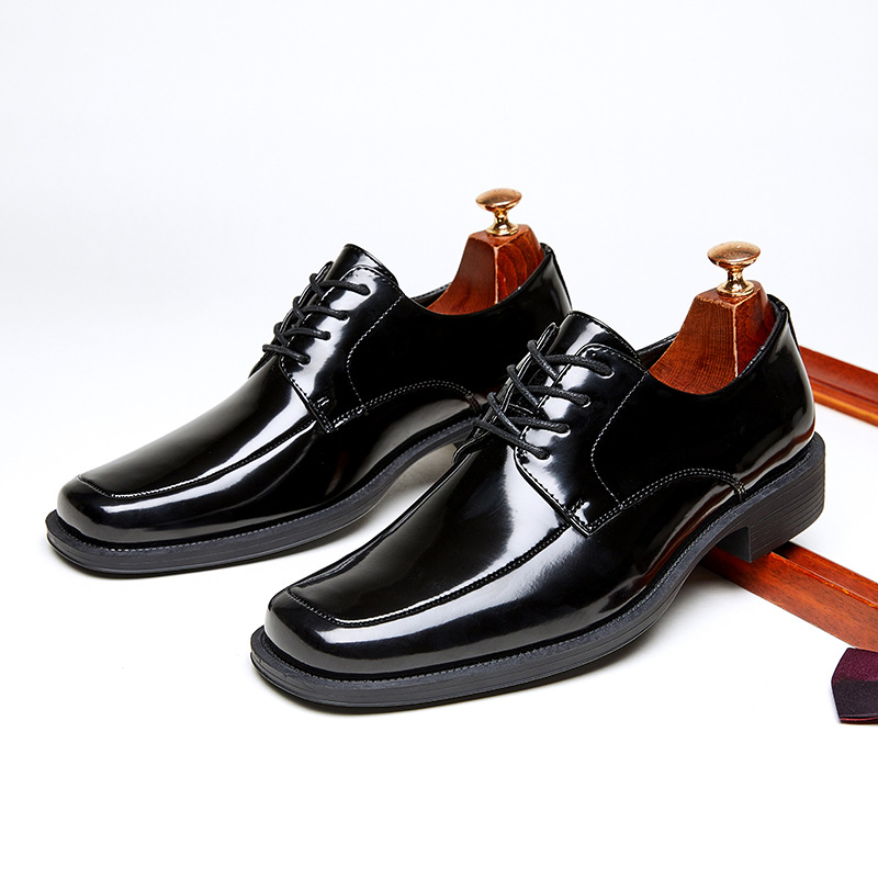 方头皮鞋男亮面商务高级感男鞋系带漆面正装英伦德比鞋结婚新郎鞋