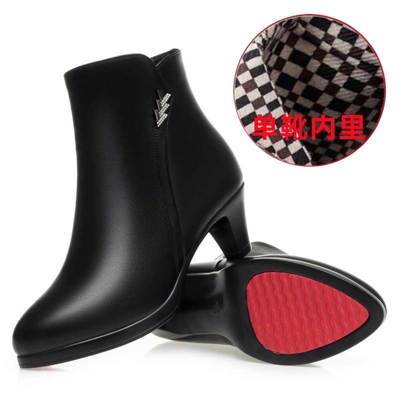 短靴女秋冬新款不累脚舒适棉鞋中跟加绒靴子中年女士皮鞋尖头单靴