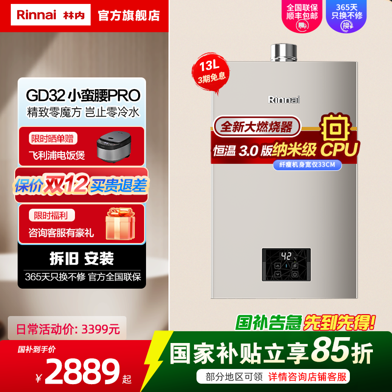 林内(Rinnai)小蛮腰PRO系列 13升燃气热水器 13GD32恒温天然气强排家用gd31防冻防风