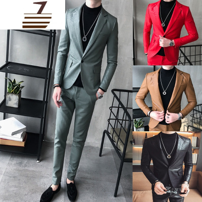 NEWLAKE小西装男修身韩版潮帅气夜场酒吧PU皮西服套装型师男长袖两件套