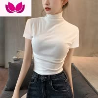 七斓黑色短袖T恤女针织半高领打底衫内搭洋气高端螺纹半袖上衣