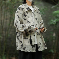 男装国风衬衫男满印蝴蝶长袖男女同款春秋季潮牌休闲古着宽松衬衣