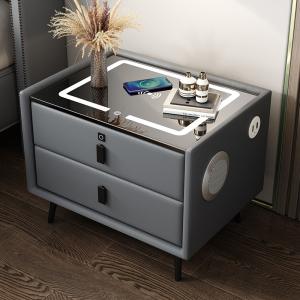 欧梵森 现代简约智能床头柜轻奢多功能带灯无线充电卧室储物柜实木极简小型皮质床边柜收纳柜 40cm柜【无线充+三色灯+usb【多色】