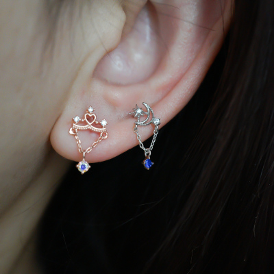 韩国进口耳钉爱心皇冠月亮星星链式精巧小耳骨钉旋转拧圆球堵送女朋友老婆情人节七夕生日礼物