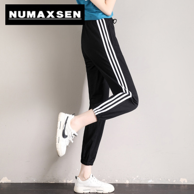纽曼森（Numaxsen）运动裤女冰丝裤夏季薄款束脚宽松休闲三杠黑色九分裤大人防蚊灯笼裤