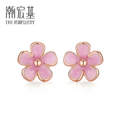 潮宏基FUN趣新花怒放红18K金耳钉耳环玫瑰金彩金耳饰女礼物花朵可爱FQ