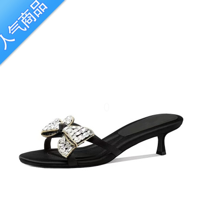 SUNTEK时尚外穿一字带凉拖鞋女夏季新款2023年水钻蝴蝶结露趾细跟高跟鞋